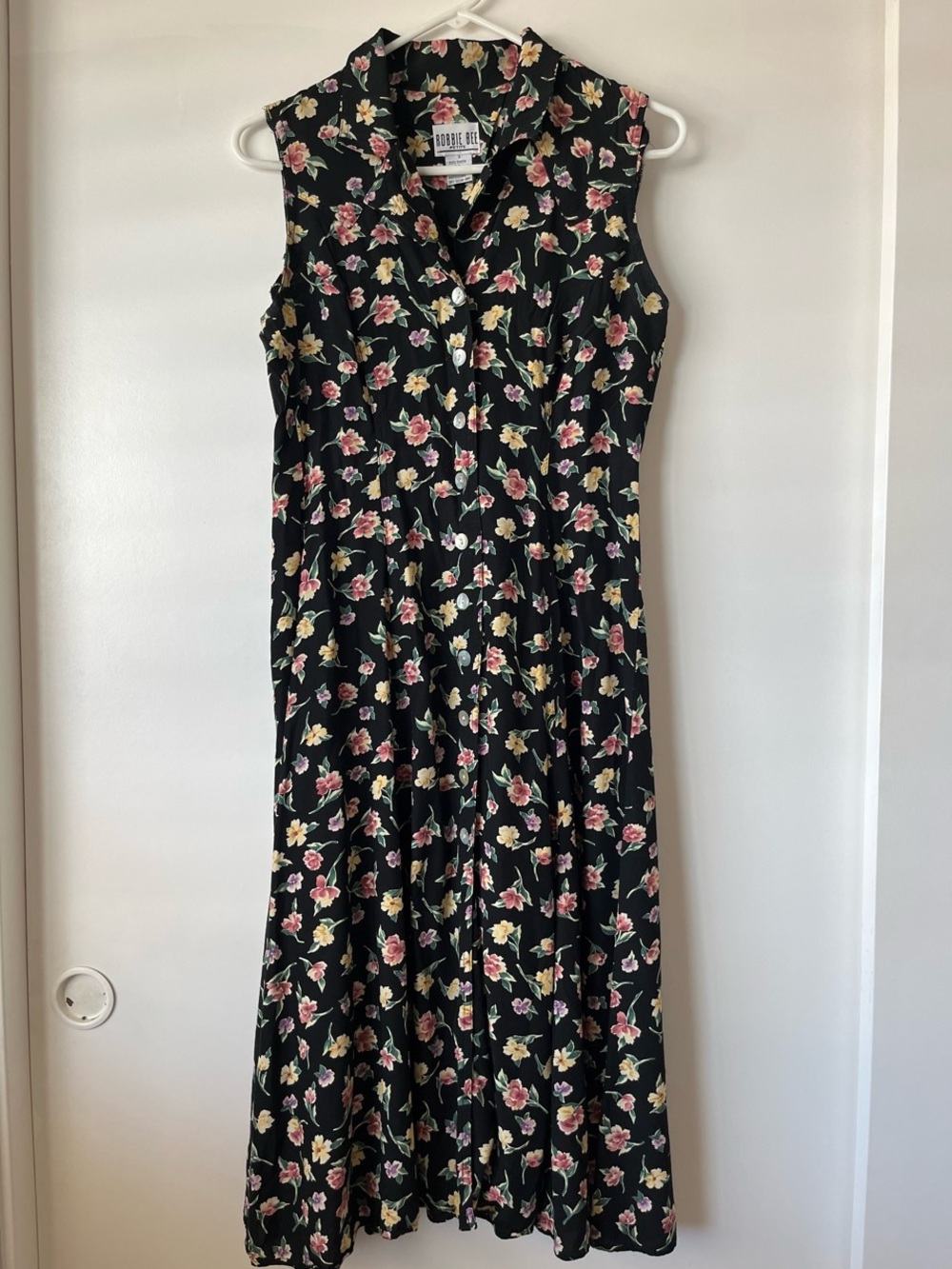 90s Black Floral Sleeveless Midi Dress